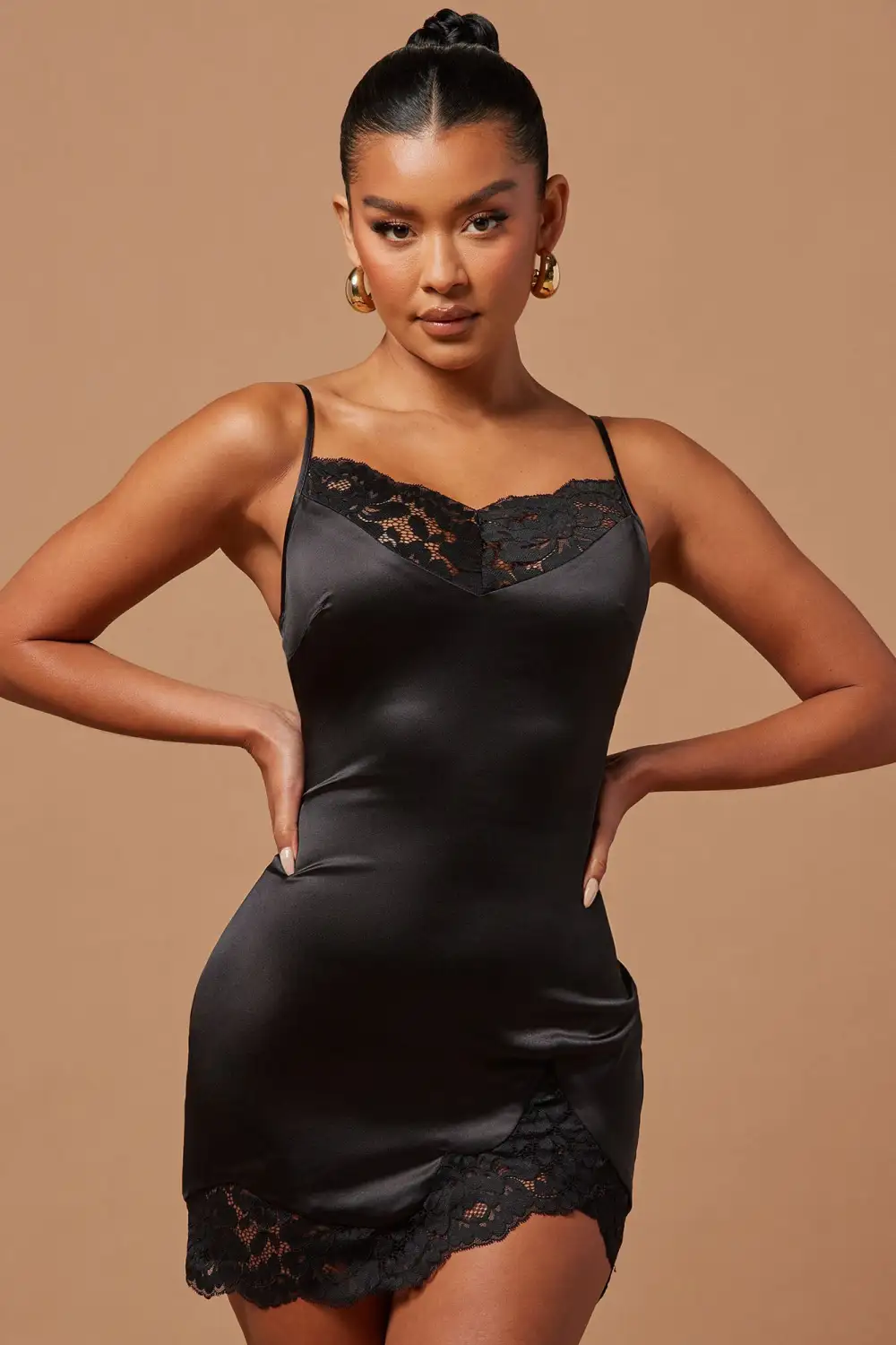 Eloise Satin Lace Mini Dress - Black