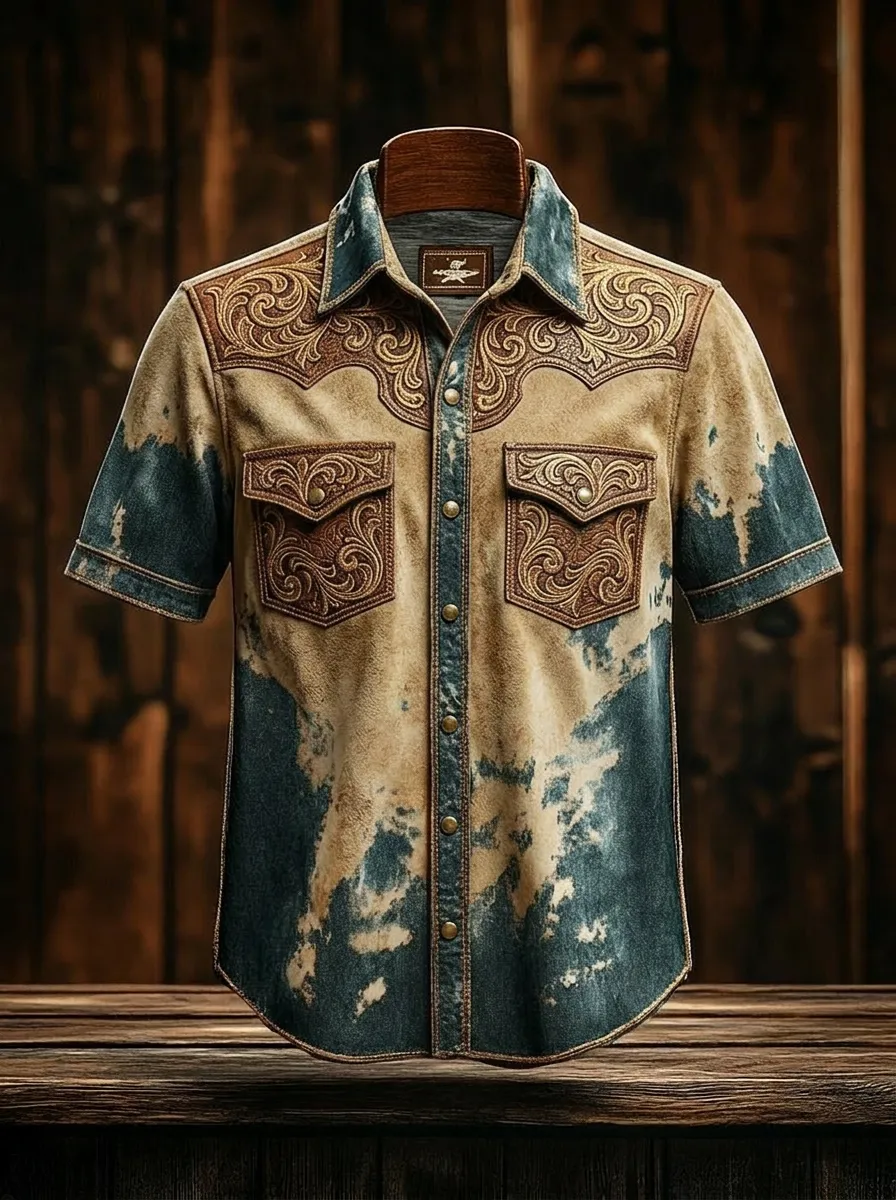 Men's Western Cowboy Tooled Leather Floral Printed Shirt