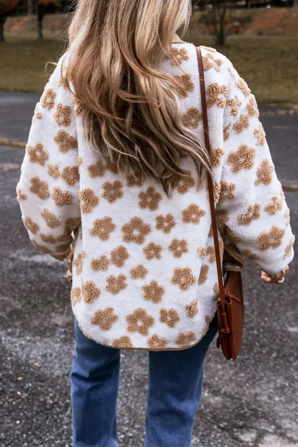 French Cute Flower Pattern Button-Up Fleece Jacket
