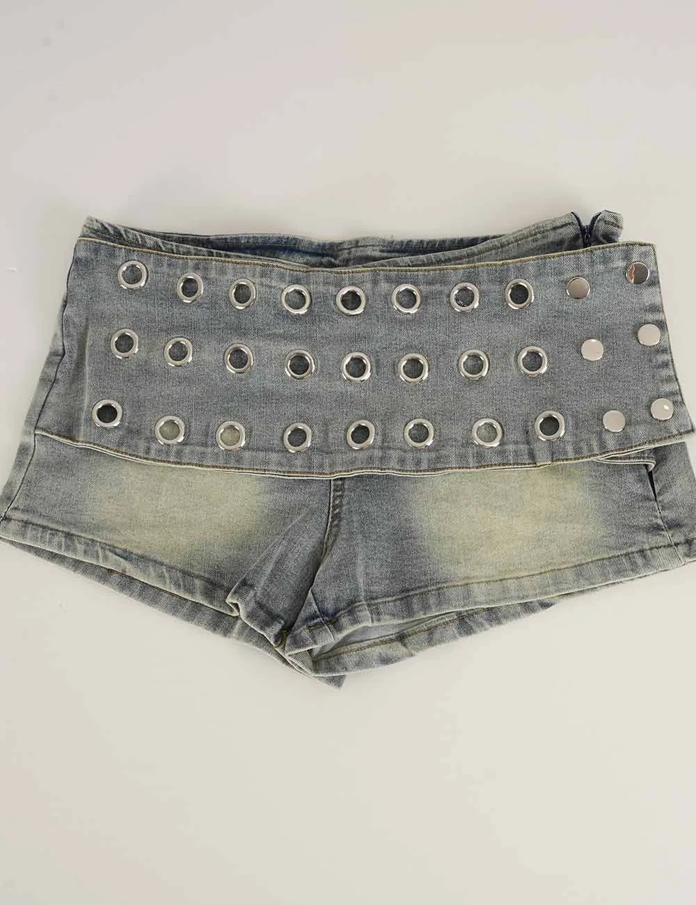 Metal Eyelet Belt Wrap Denim Mini Shorts