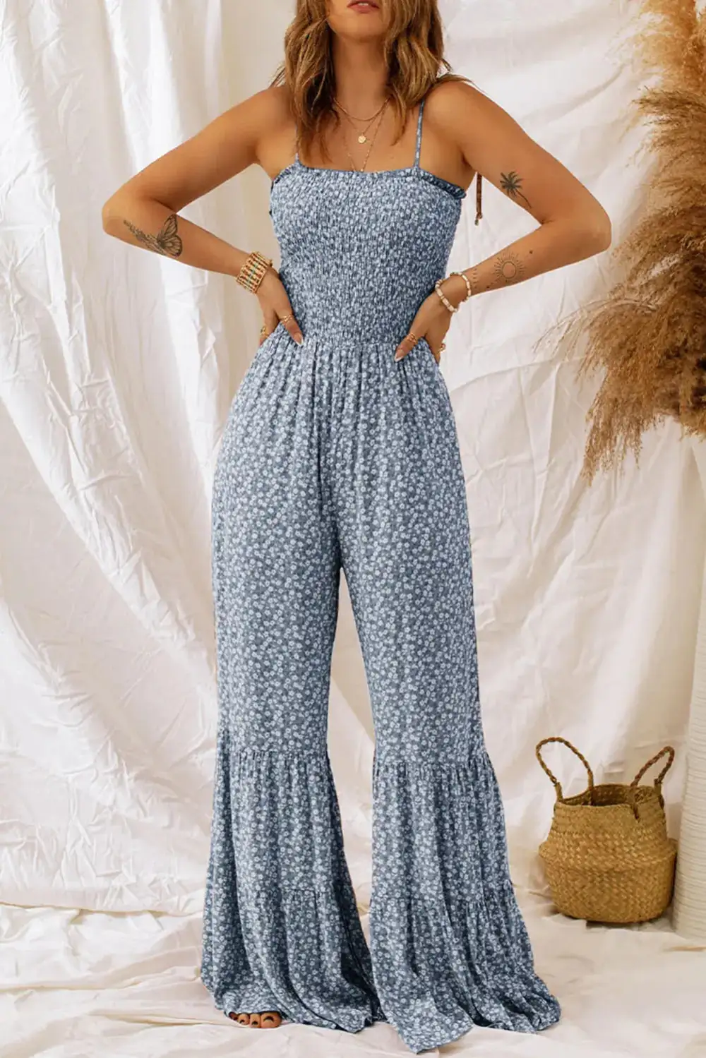 Smocked Wide Strap Printed Jumpsuit