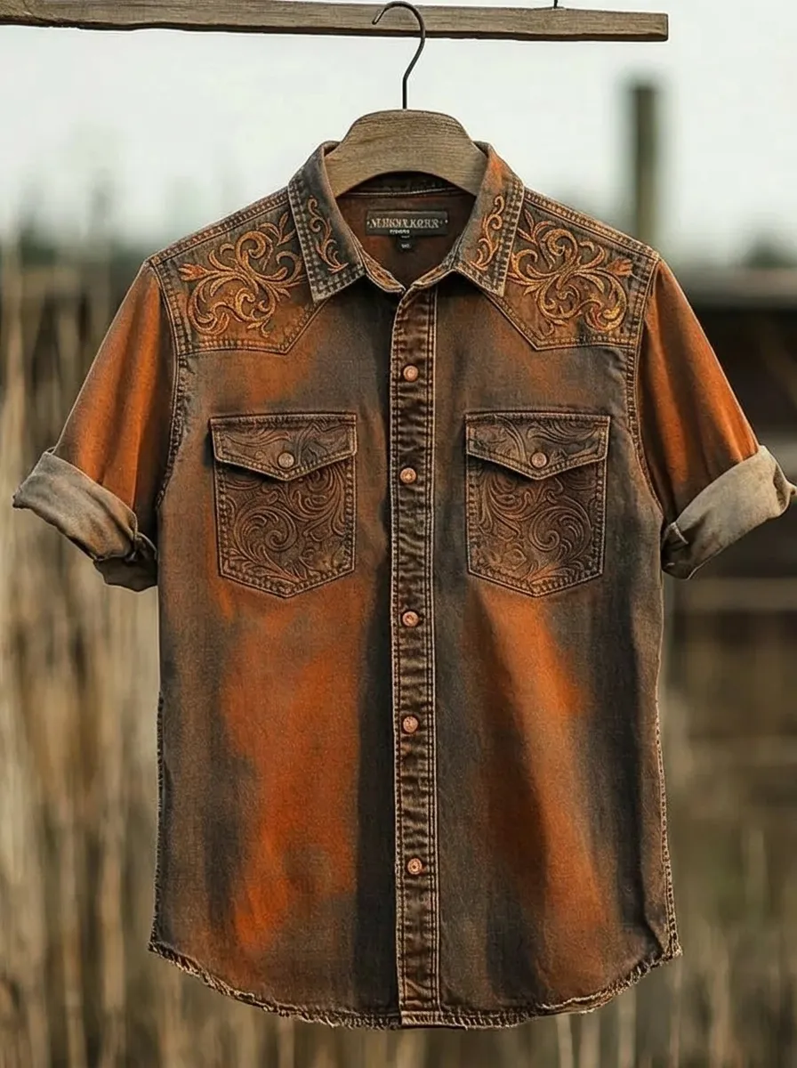 Men's Western Style Floral Embossed Distressed Printed Shirt-2