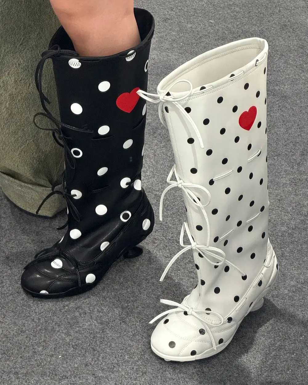 Polka Dot Heart Kitten Heel Boots