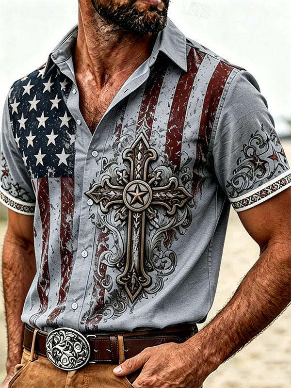 Vintage American Flag Western Cross Button-Down Shirt