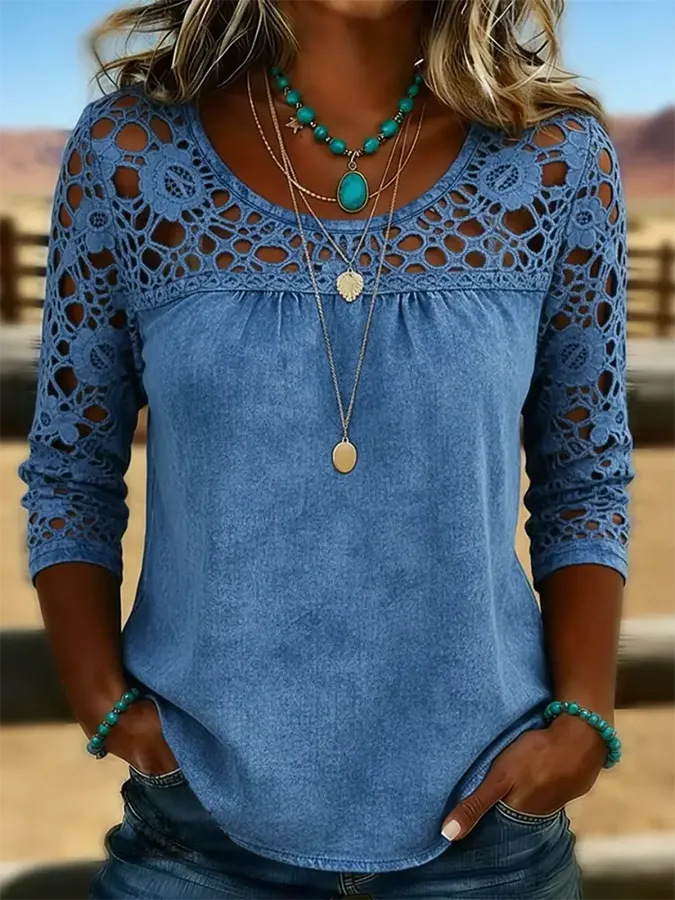 Women's Solid Color Casual Loose Lace Denim Shirt