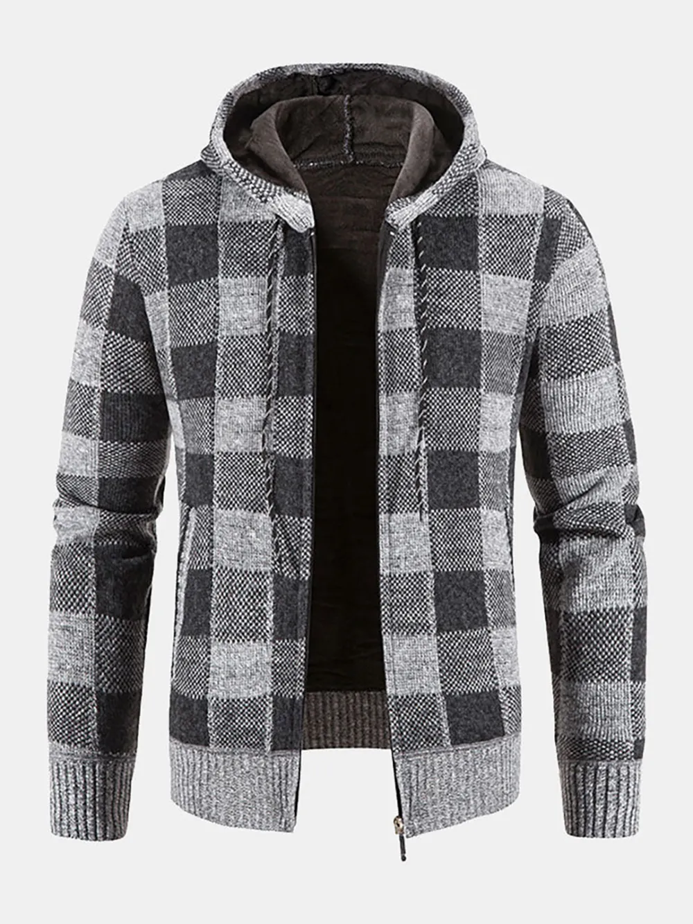 Plaid Zip Up Hooded Cardigan
