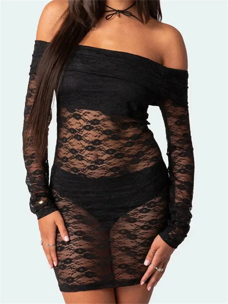 Sexy Off Shoulder Lace Fashion Long Sleeve Mini Dress