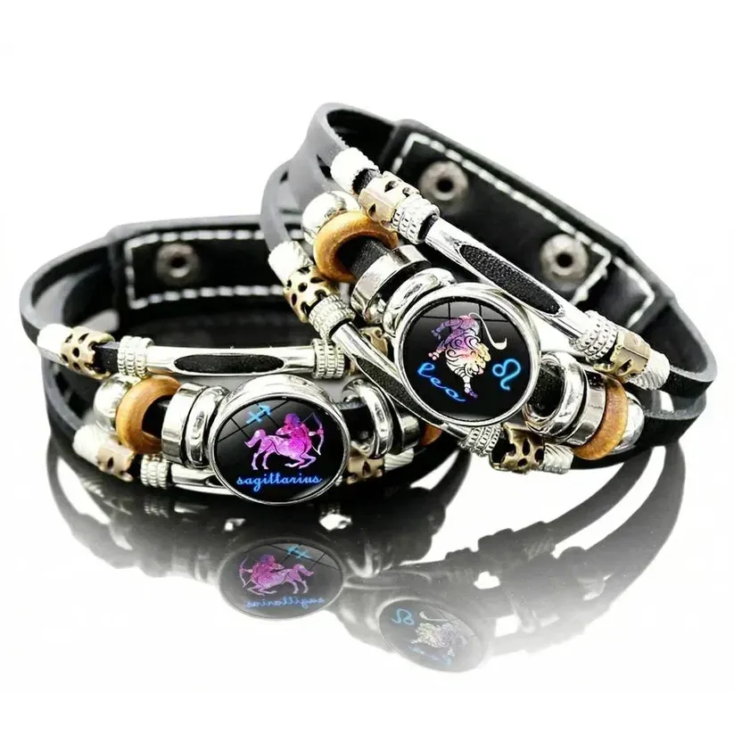 💥Last-day sale – 50% off ☪️Glow-in-the-dark leather zodiac sign bracelet for men and women (6.9/8.1 inches)♑️