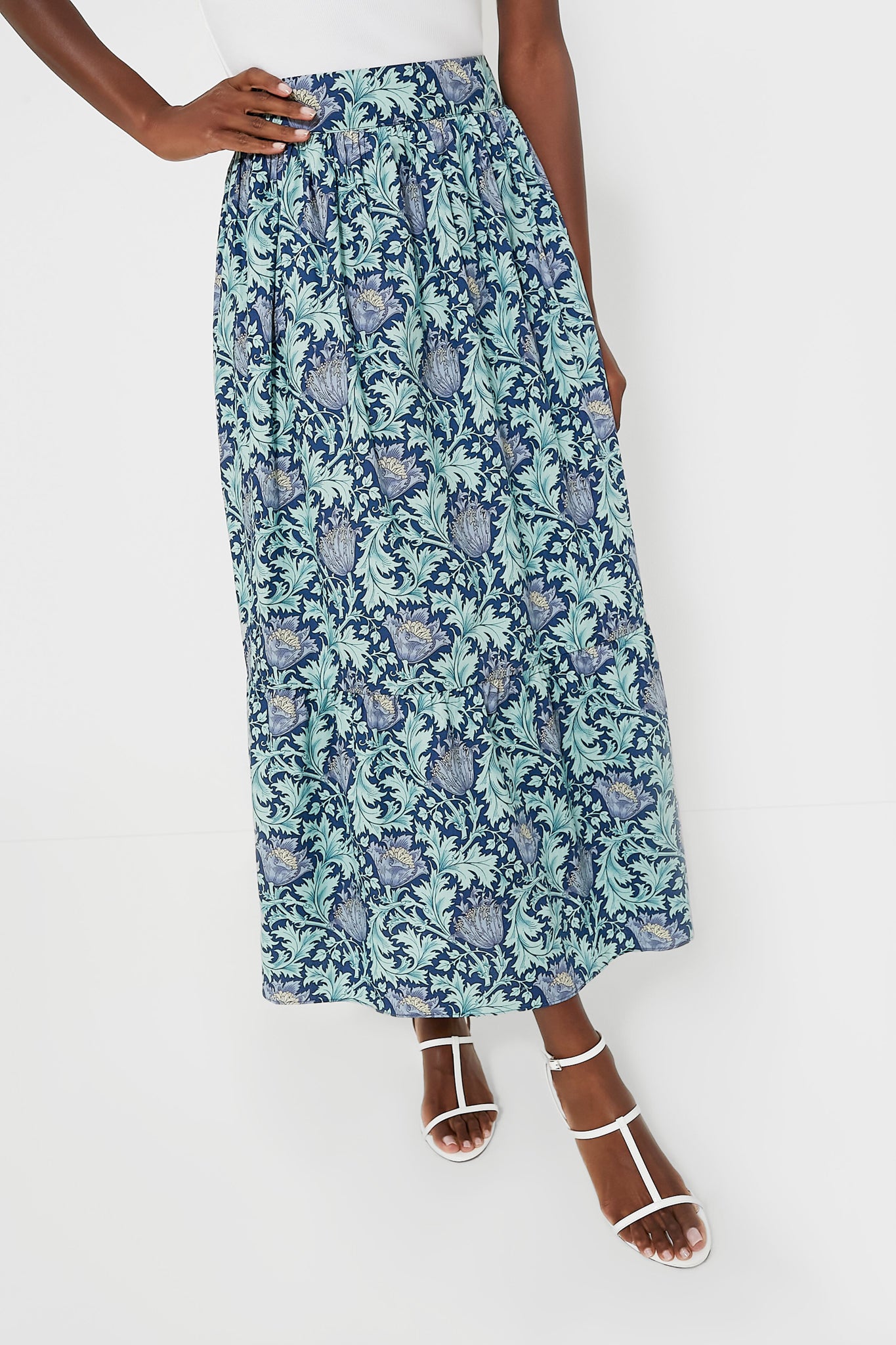 Multi Blue Leafy Floral Devon Maxi Skirt