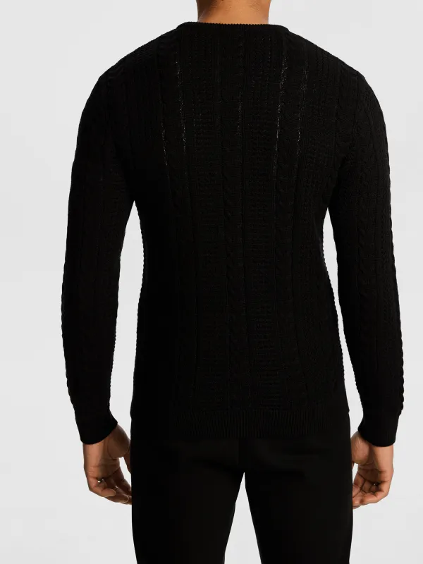 Black Cable Knit Crew Neck Sweater