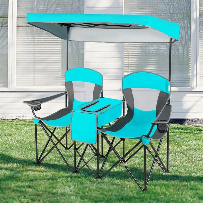 Folding Double Camping Chairs with Shade Canopy Portable Beach Chairs with Cup Holder