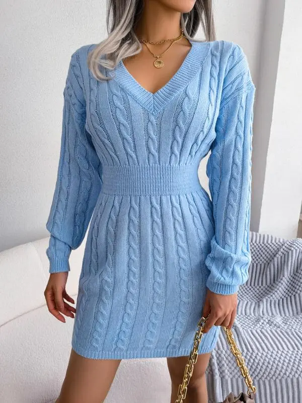 V Neck Cable Knit Sweater Dress
