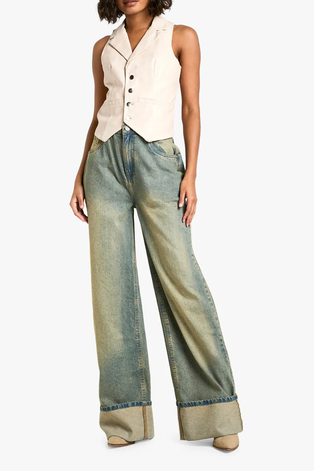 Notched Lapel Faux Leather Personalized Women's Vest