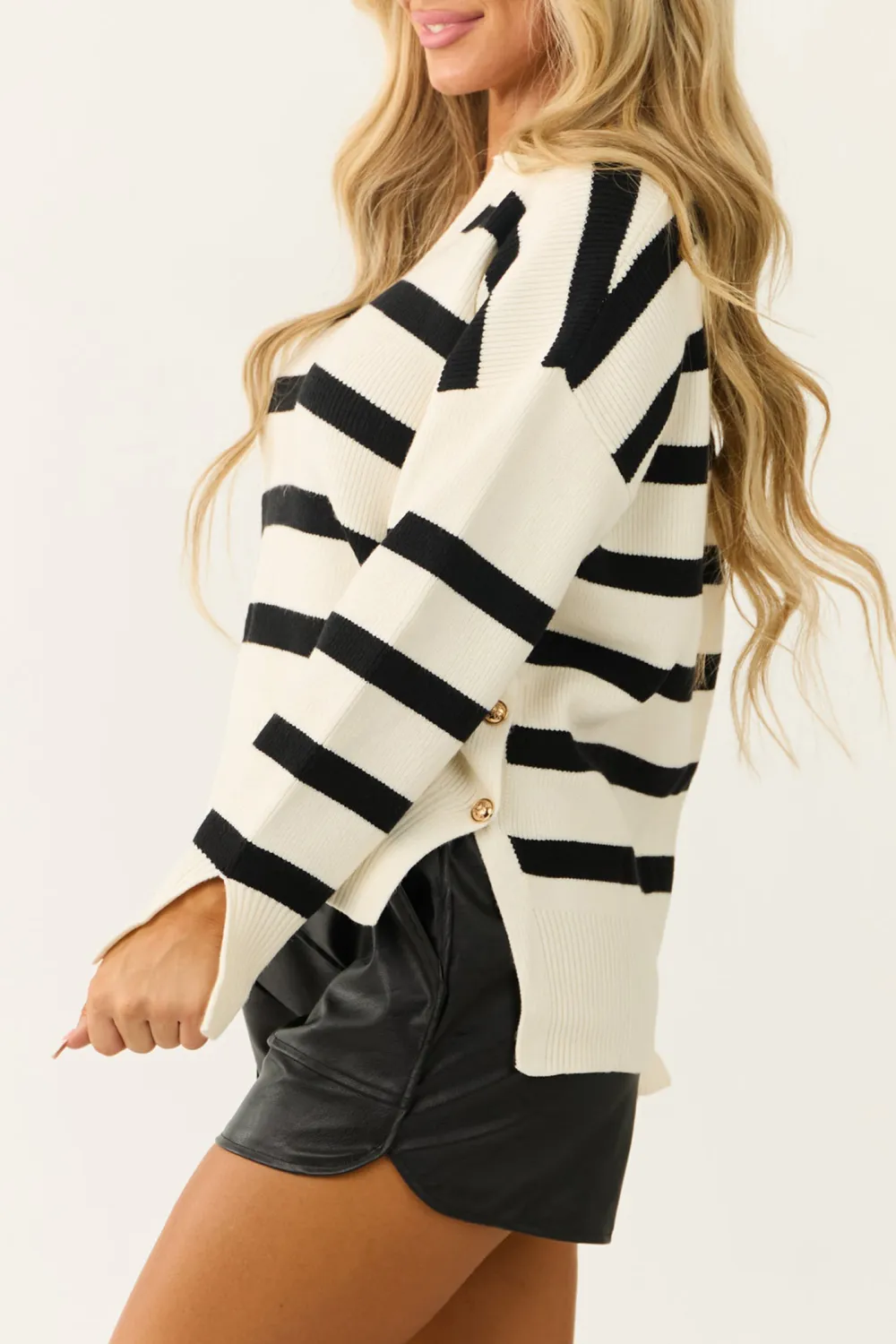 Cream and Black Striped Side Button Sweater