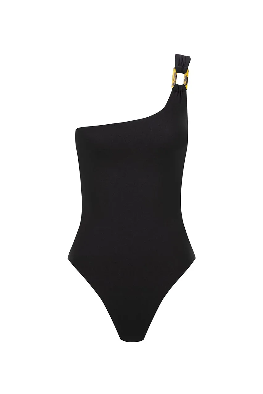 Black One-Piece Swimsuit With Slant Neck