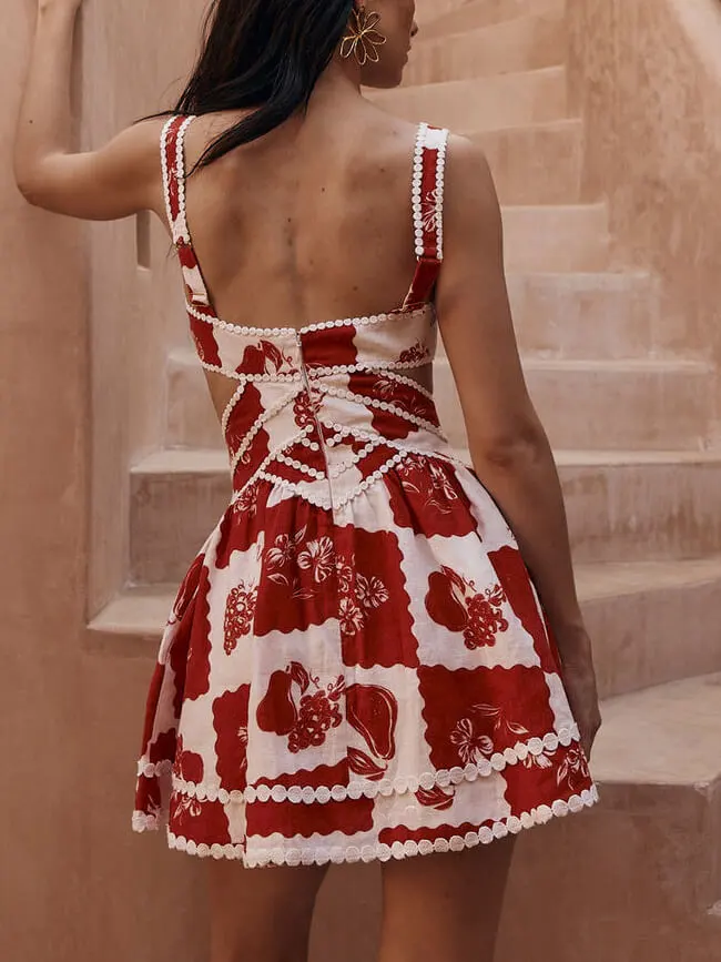 Floral Decorative Unique Print Neck Mini Dress