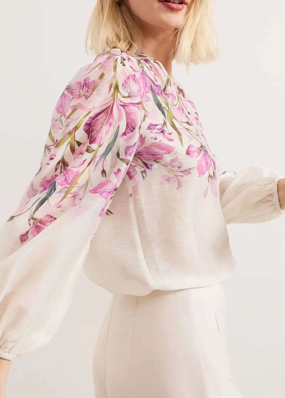 Skin-Friendly Breathable Linen Pink Printed Ladies Shirt