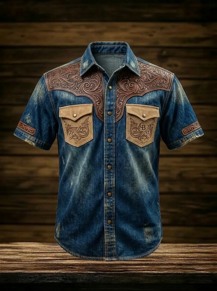 Men's Western Cowboy Tooled Leather Pattern Printed Denim Shirt
