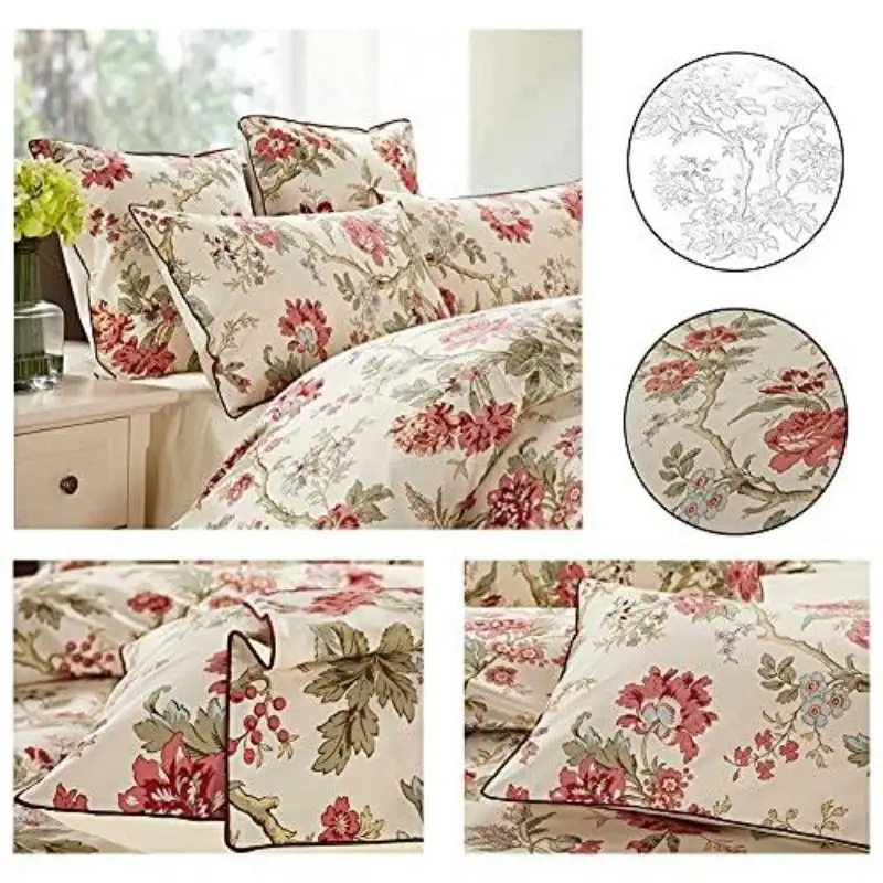 Garden Style 3 Pieces Red Flower Leaf Pattern Duvet Cover Set Cotton Reversible Comforter Cover Set Easy Care, Soft, Durable