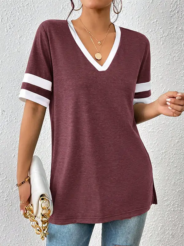 Relaxed Short Sleeve Panel Detail Side Slit Stripe V-Neck T-Shirt