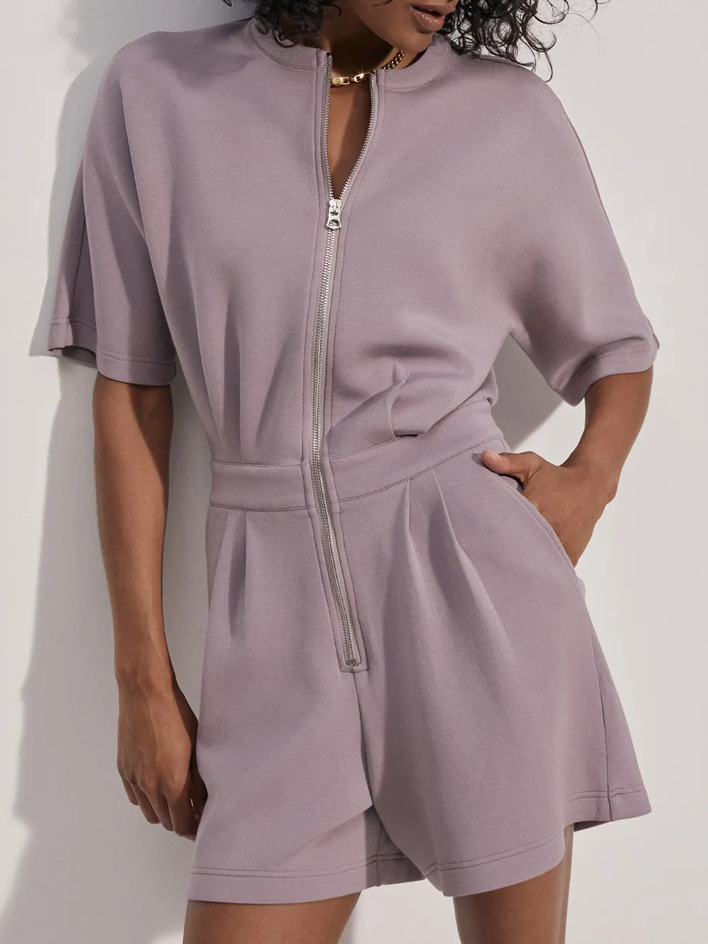 Fashionable Half-Sleeve Zip-Front Jumpsuit