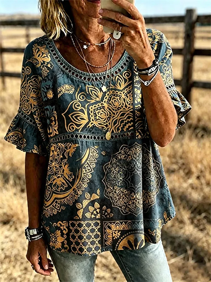 Women's Paisley Print Lace Trim Ruffle Short Sleeve Western Blouse