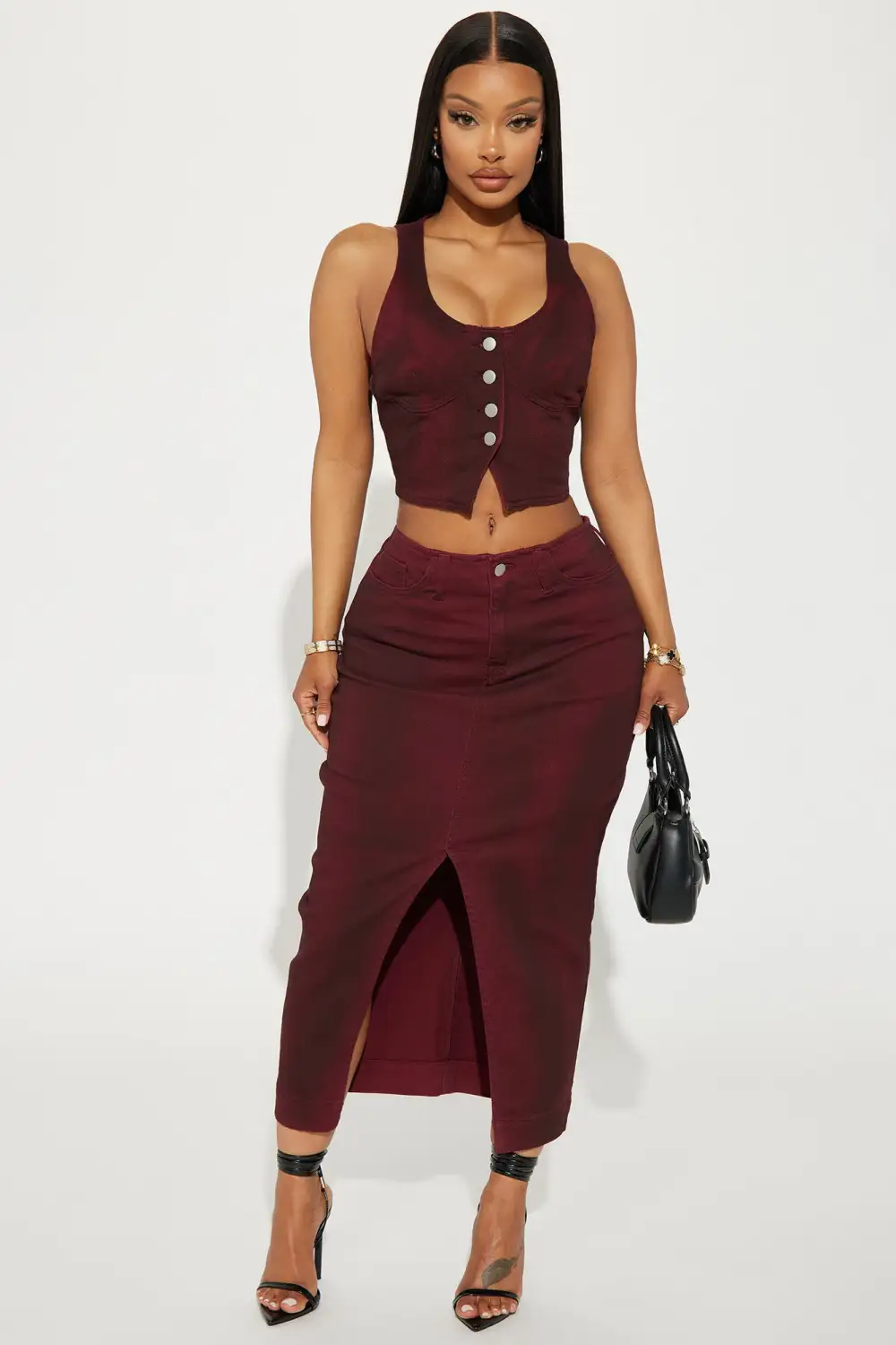 Cabernet Denim Skirt Set - Wine