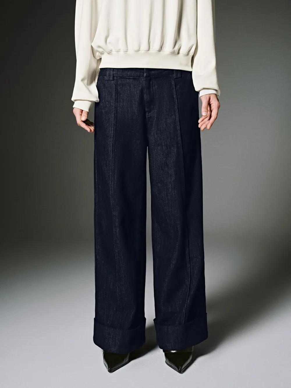 Ladies' Dark Blue Retro-Style Wide-Leg Denim Trousers
