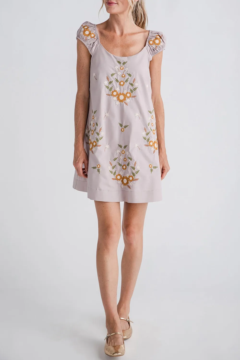 Mable Cap Ruched Sleeve Embroidered Mini Dress - dusty mauve