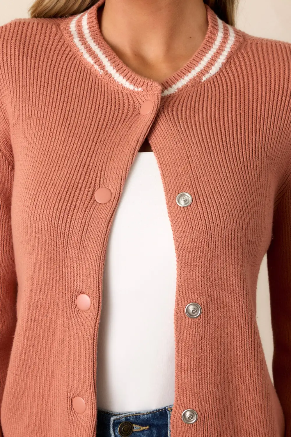 Never Late Terracotta Knit Varsity Cardigan