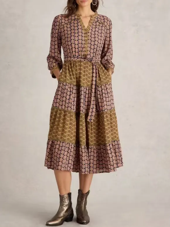 Mixed Print Midi Dress