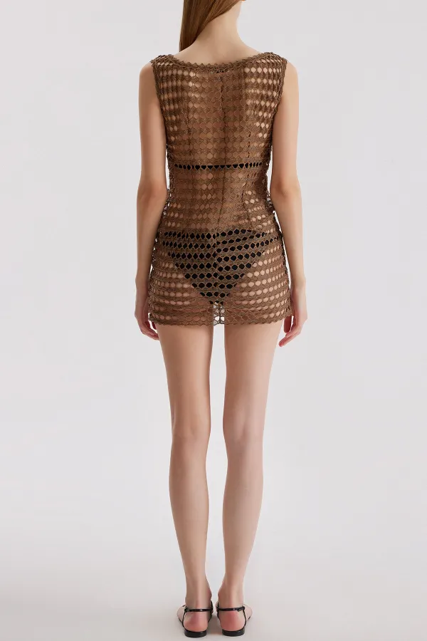 V-neck Mini Dress-Brown