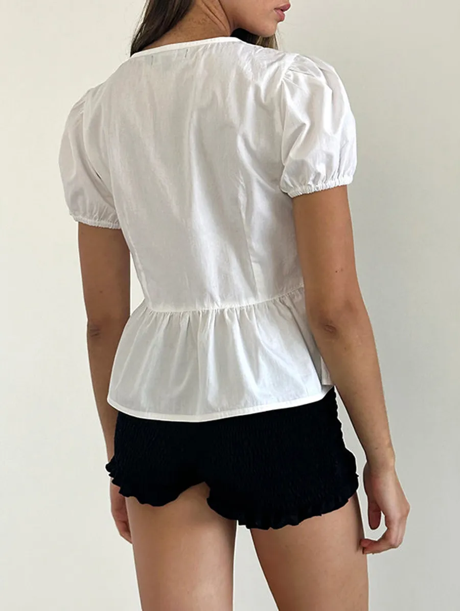 Tie Front Blouse In White With White Binding
