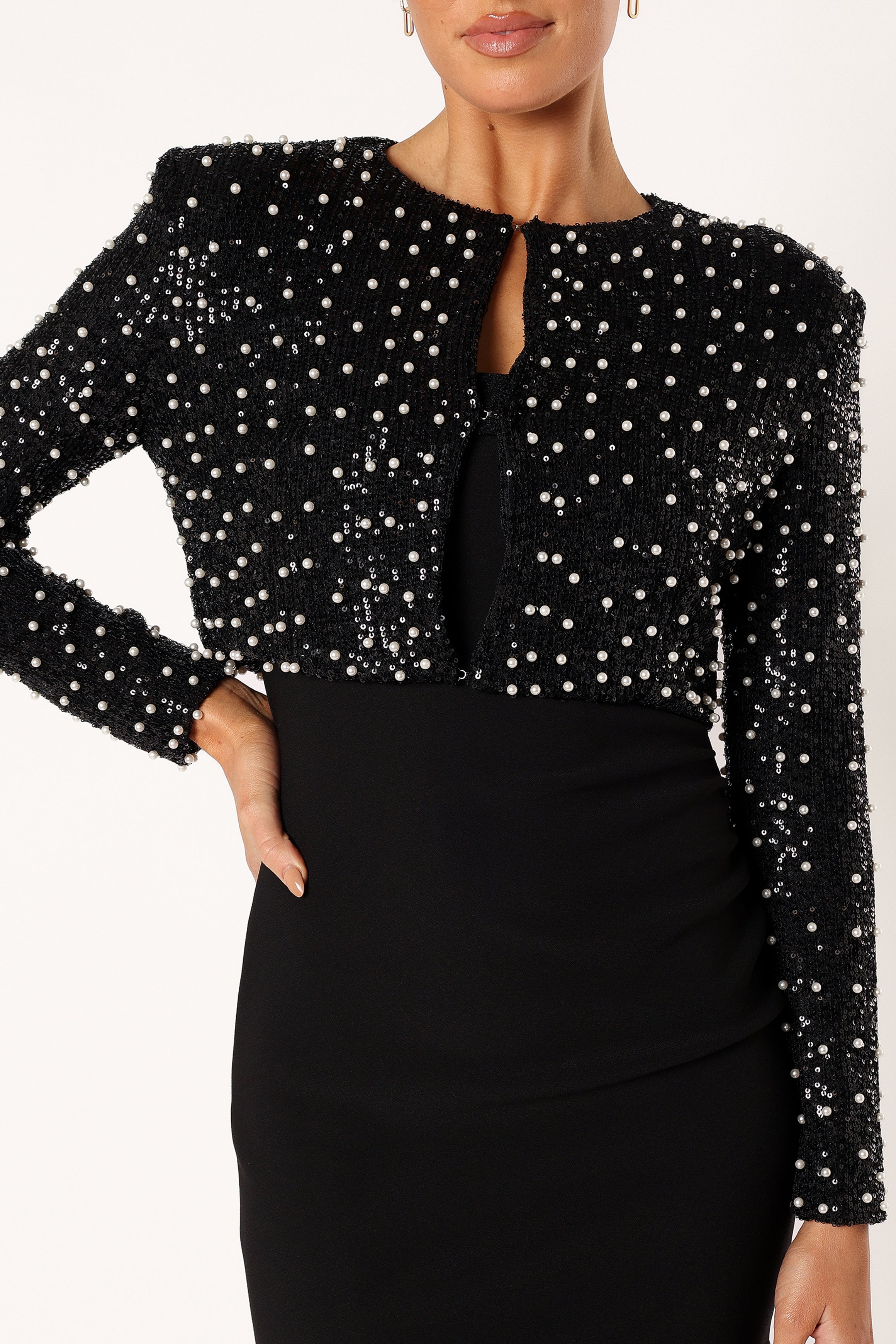 Monica All Over Pearl Crop Jacket - Black