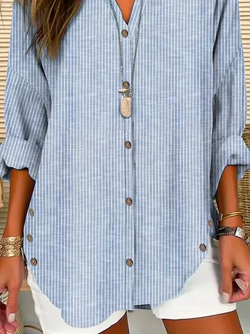 Shirt Collar Long Sleeve Striped Buckle Regular Loose TUNIC Blouse For Women