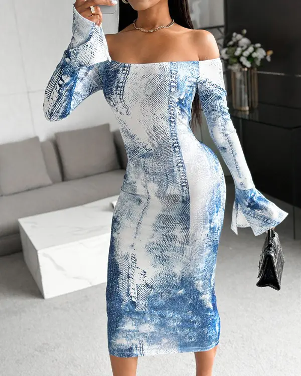 Spring/Summer Denim Look Print Off Shoulder Bodycon Dress