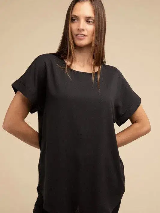 Sweet Basics Rolled Sleeve Boat Neck Top