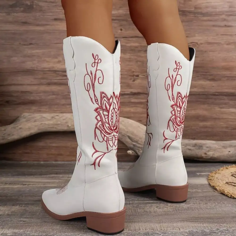 Embroidered Block Heels Boots