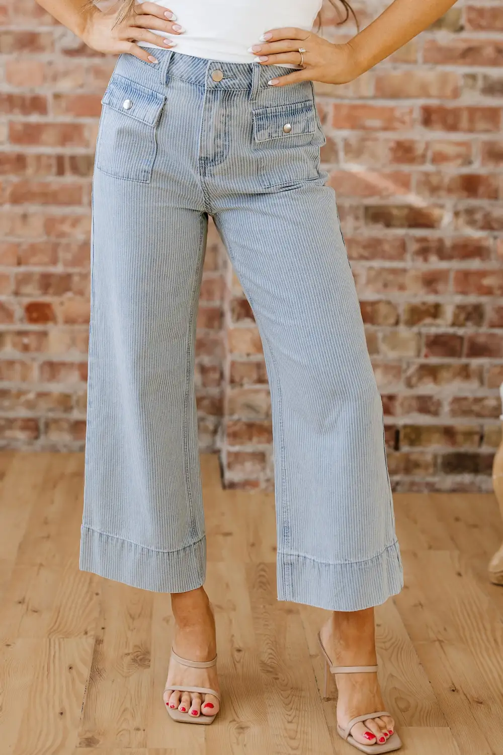 Stripe Button Flap Pocket Cuffed Hem Wide Leg Jeans