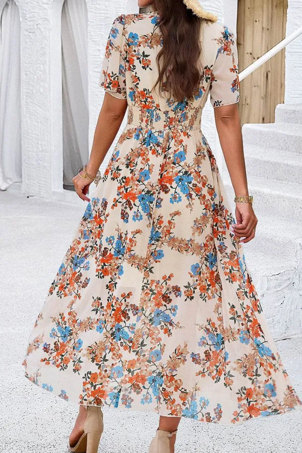 Smocked Floral V Neck Maxi Dress