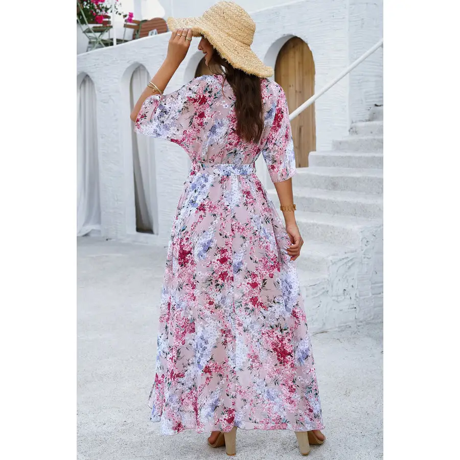 Printed Tied Half Sleeve Slit Dress