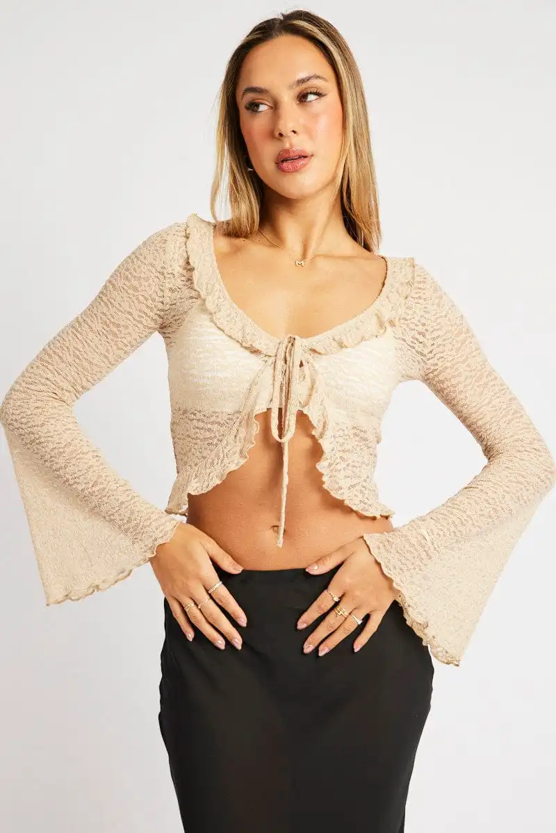 Beige Tie Front Frill Top Long Sleeve Lace