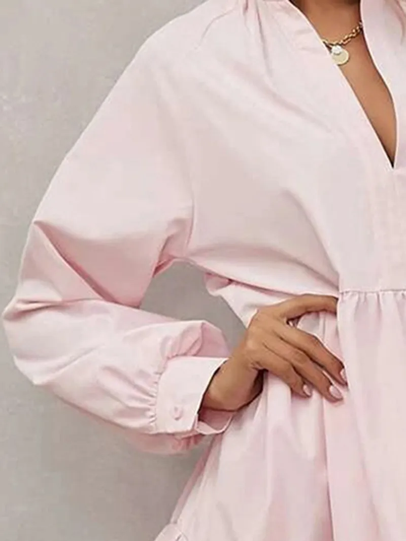 Pink Frilled Stand Collar Long Sleeve Ruffle Dress