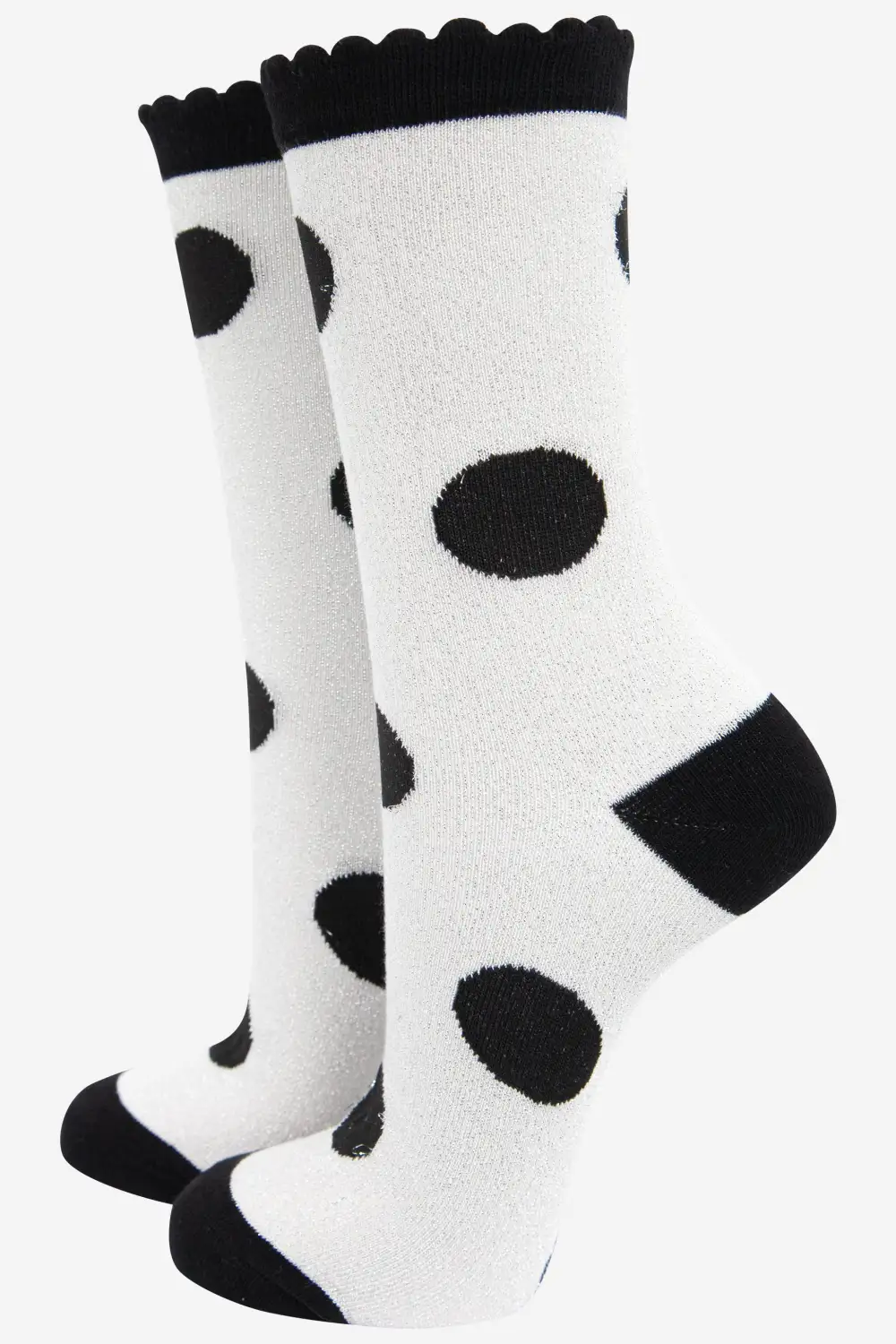 Large Women's Cotton Glitter Socks Large Polka Dot Spots Scalloped Cuff