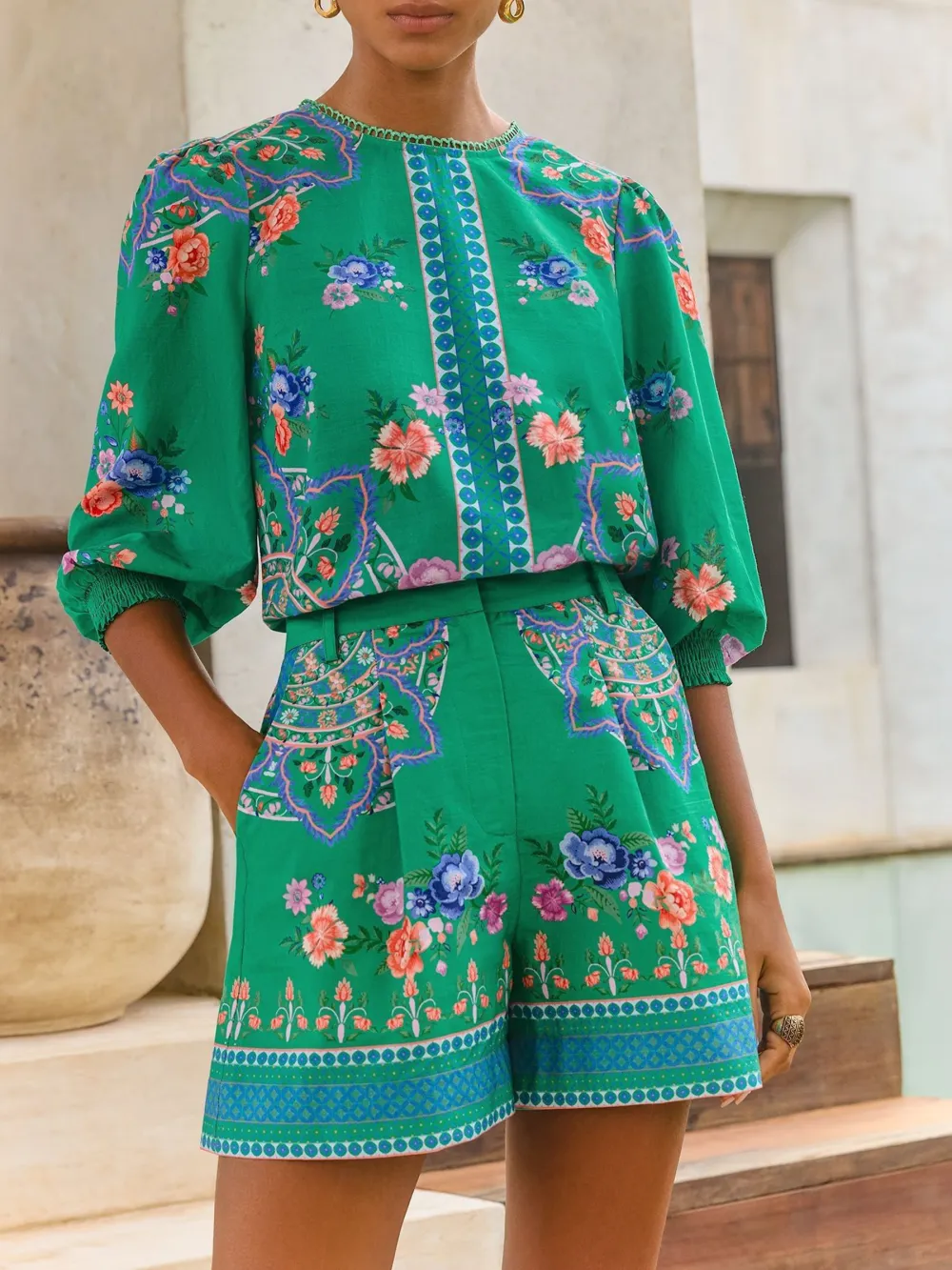 Rose Green Floral Long-Sleeve Round Neck Floral Print Top