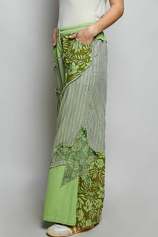 Everyday Striped Floral Patchwork Wide Leg Pants with Side Big Star Patch