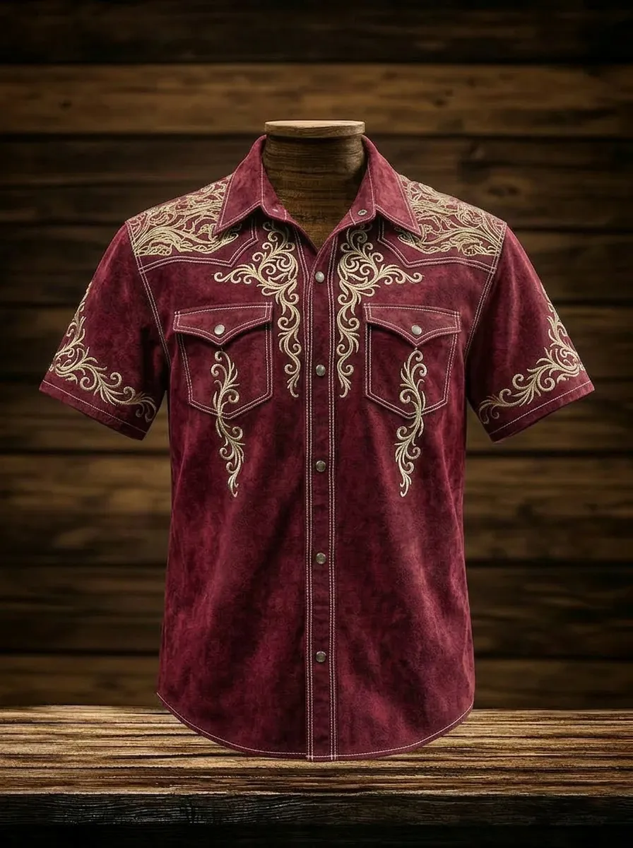 Men's Western Cowboy Floral Embroidery Printed Shirt