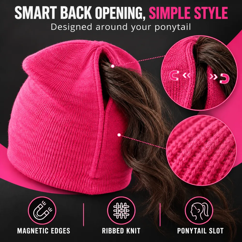 Knit Beanie Magnetic Opening Ponytail Hat Wool Beanie Pull-On Hat Auto Magnetic Hat