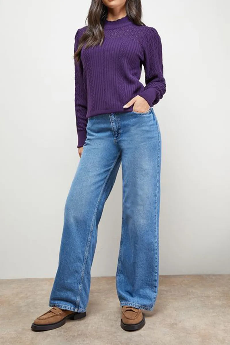 Casual Style High Neck Pointelle Sweaters