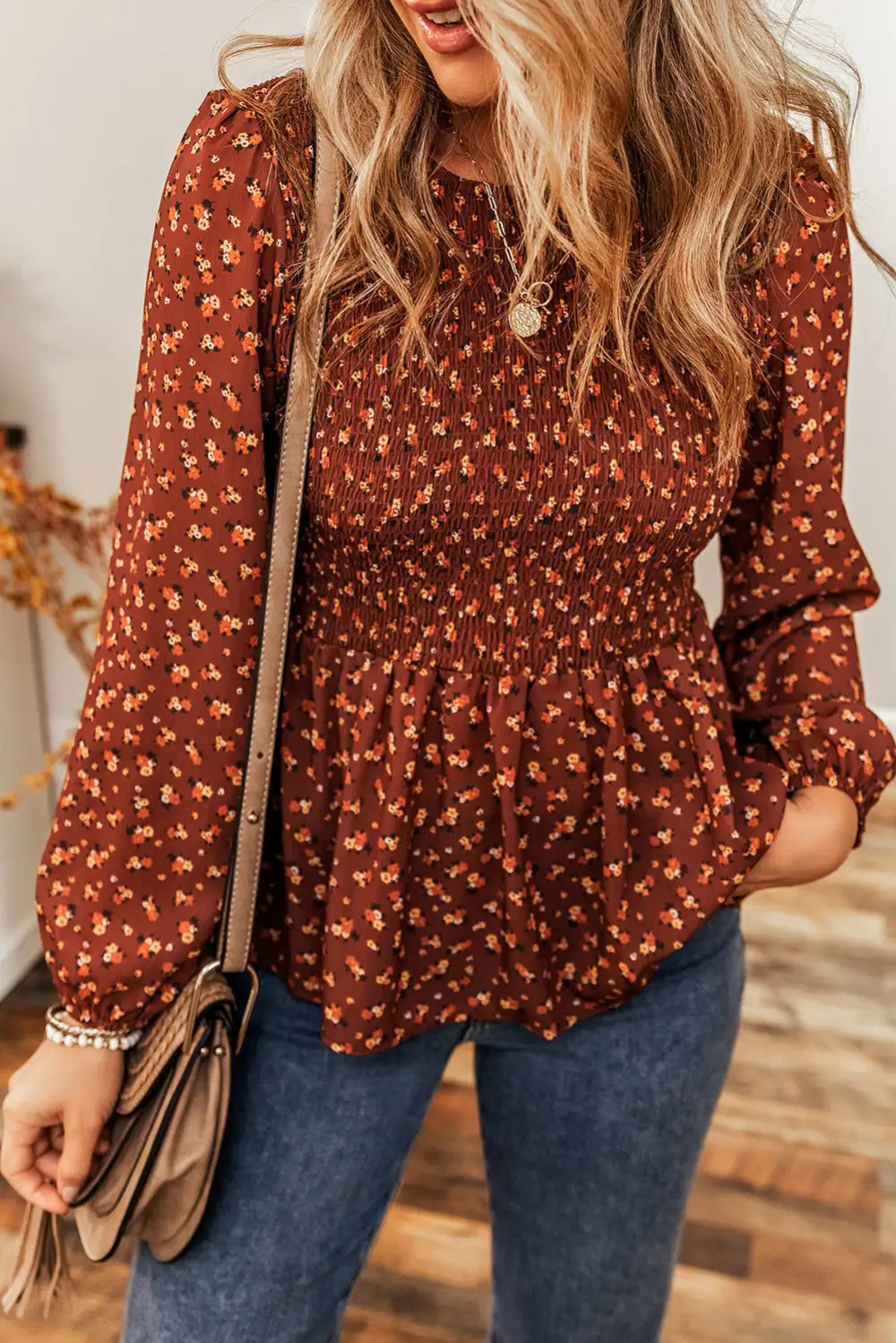 Everyday Floral Ruffled Smocked Blouse
